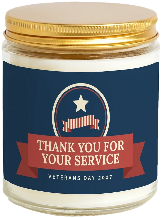 A 9 oz candle jar with a sample Military & veteran appreciation label