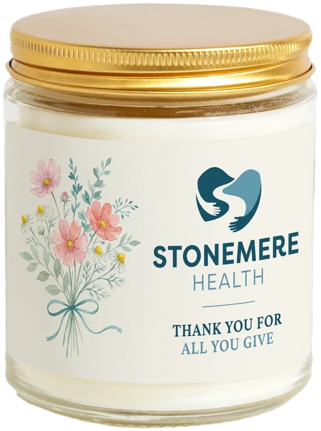 A 9 oz candle jar with a sample EMS & first responder appreciation label