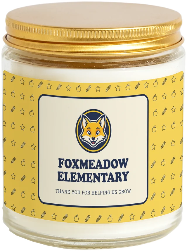 A 9 oz candle jar with a sample Teacher appreciation week label