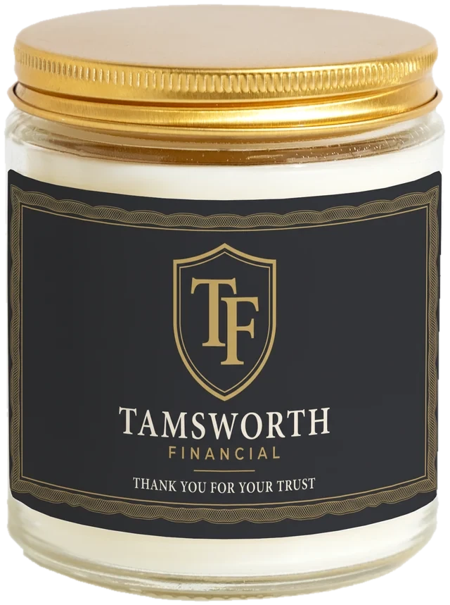 A 9 oz candle jar with a sample Accountant & CPA client gifts label