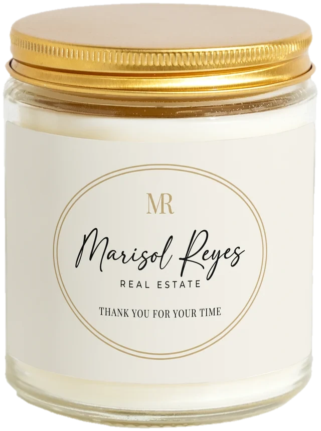 A 9 oz candle jar with a sample Realtor listing appointment gifts label