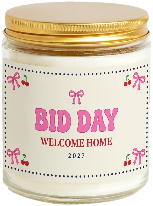 A 9 oz candle jar with a sample Sorority & fraternity bid day gifts label