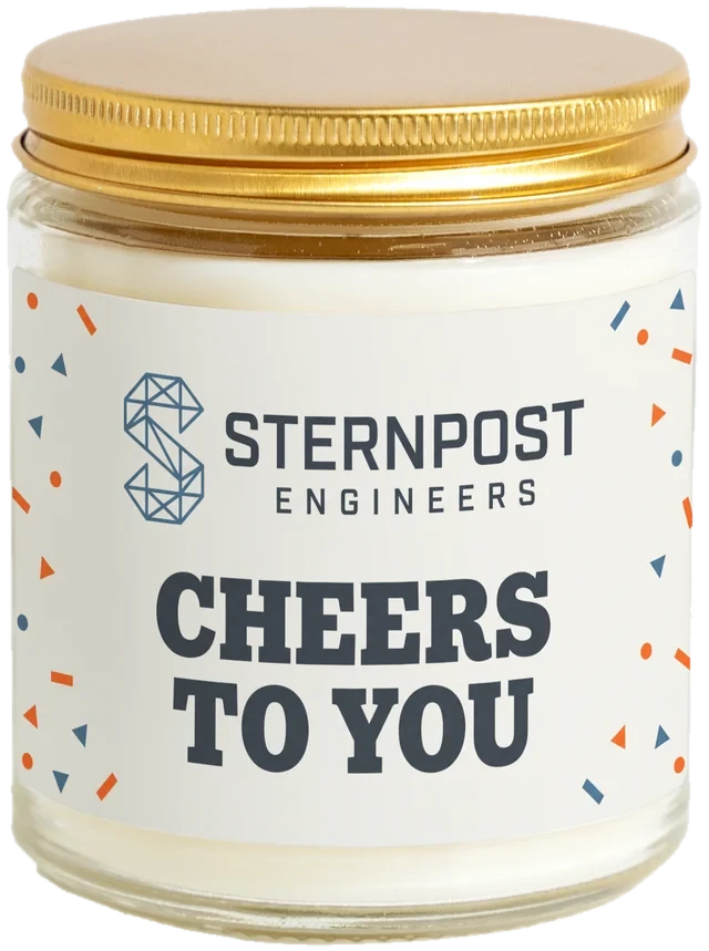 A 9 oz candle jar with a sample Farewell & send-off gifts label