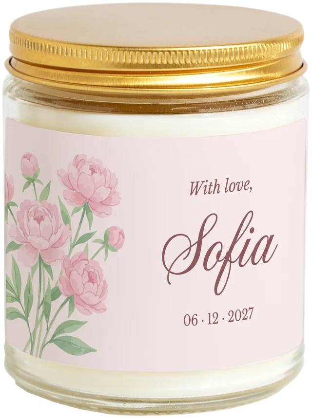 A 9 oz candle jar with a sample Bridal party favors label