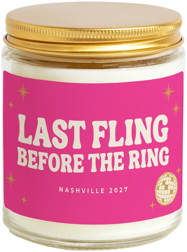 A 9 oz candle jar with a sample Bachelorette party favors label