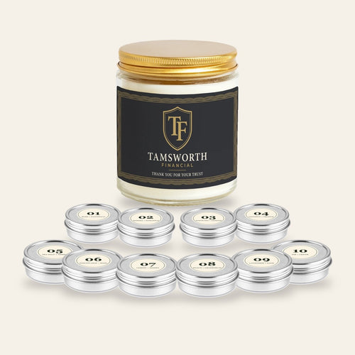Custom logo candle sample kit: a 9 oz jar with a sample company logo and ten numbered scent tins