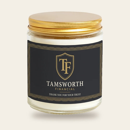 9 oz soy candle jar with a sample company logo on the label, gold lid