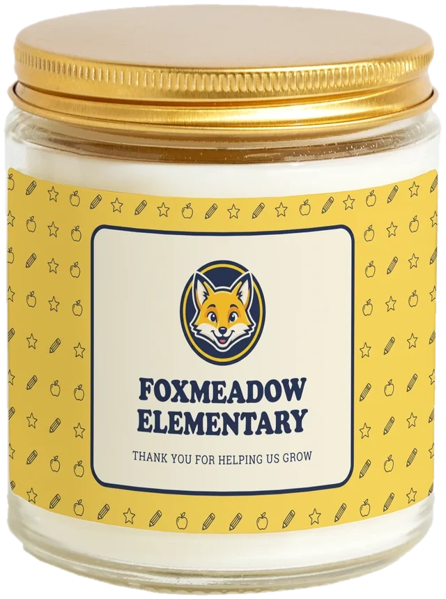 A 9 oz candle jar with a sample Teacher appreciation week label