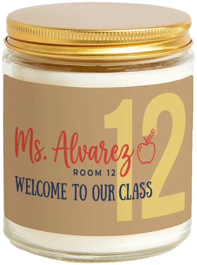 A 9 oz candle jar with a sample Teacher classroom gifts label