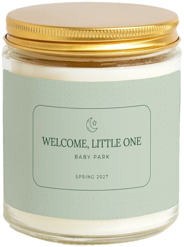 A 9 oz candle jar with a sample Group gifts for new parents label