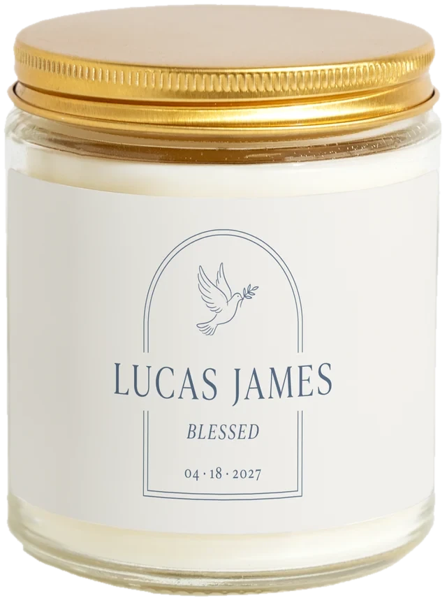 A 9 oz candle jar with a sample Baptism & christening favors label