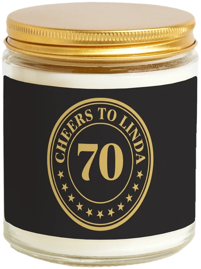 A 9 oz candle jar with a sample Milestone birthday favors label