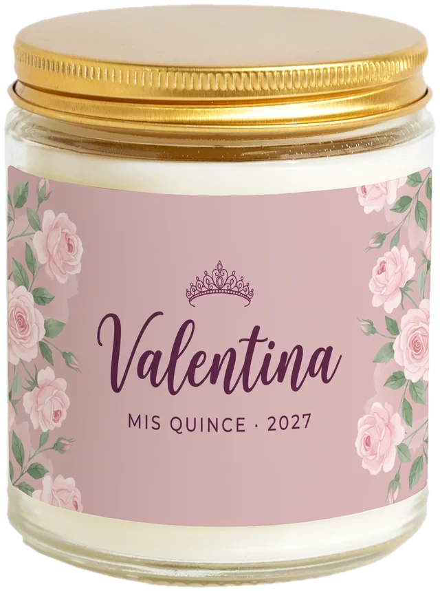 A 9 oz candle jar with a sample Quinceañera favors label