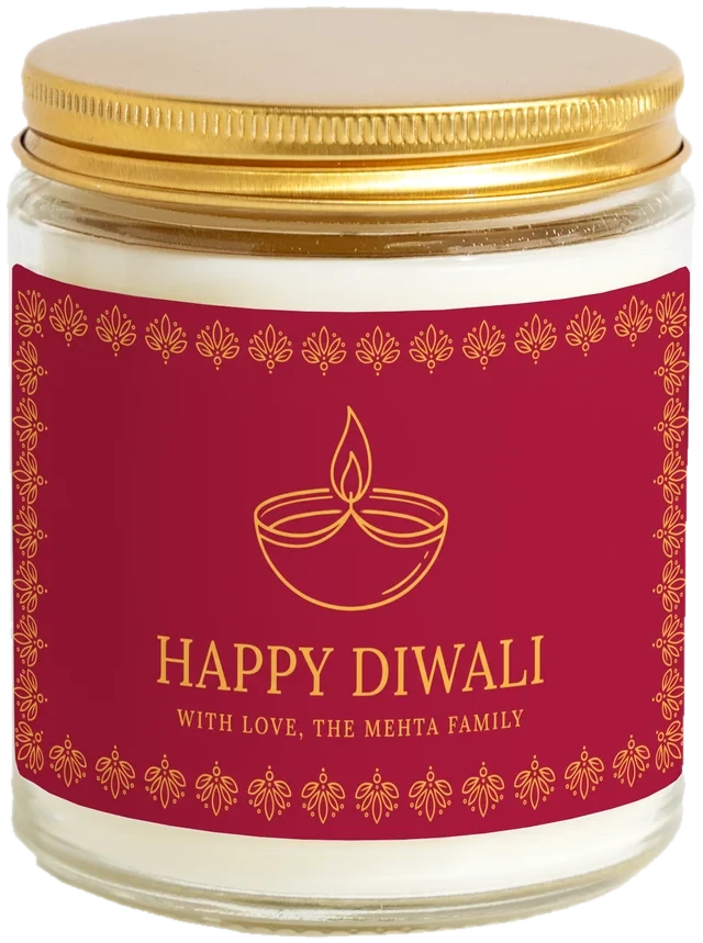 A 9 oz candle jar with a sample Diwali gifts & favors label