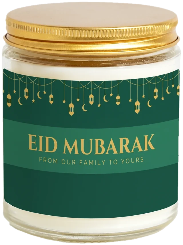 A 9 oz candle jar with a sample Eid gifts & favors label
