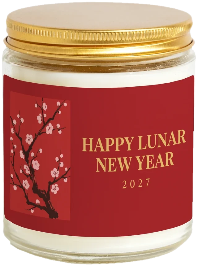 A 9 oz candle jar with a sample Lunar New Year gifts label