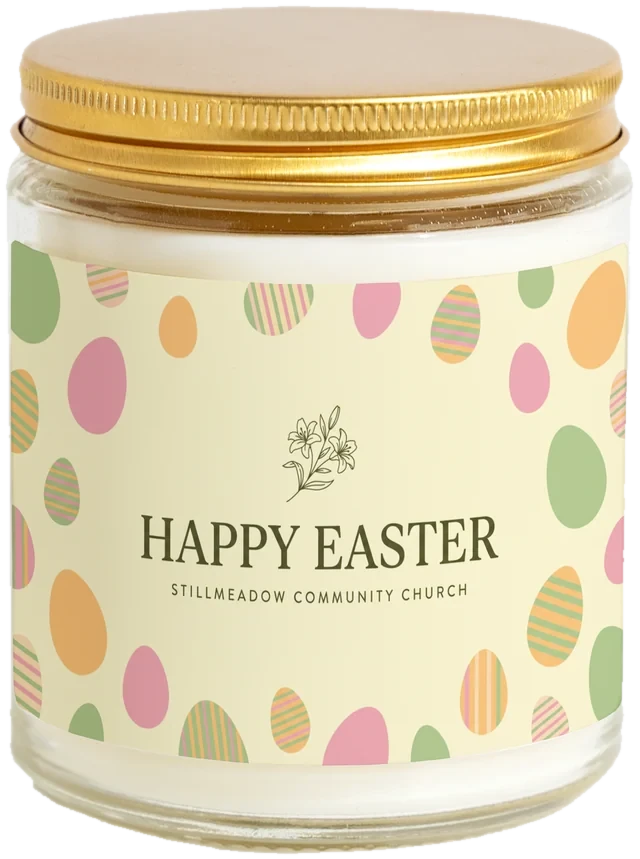 A 9 oz candle jar with a sample Easter & spring event favors label