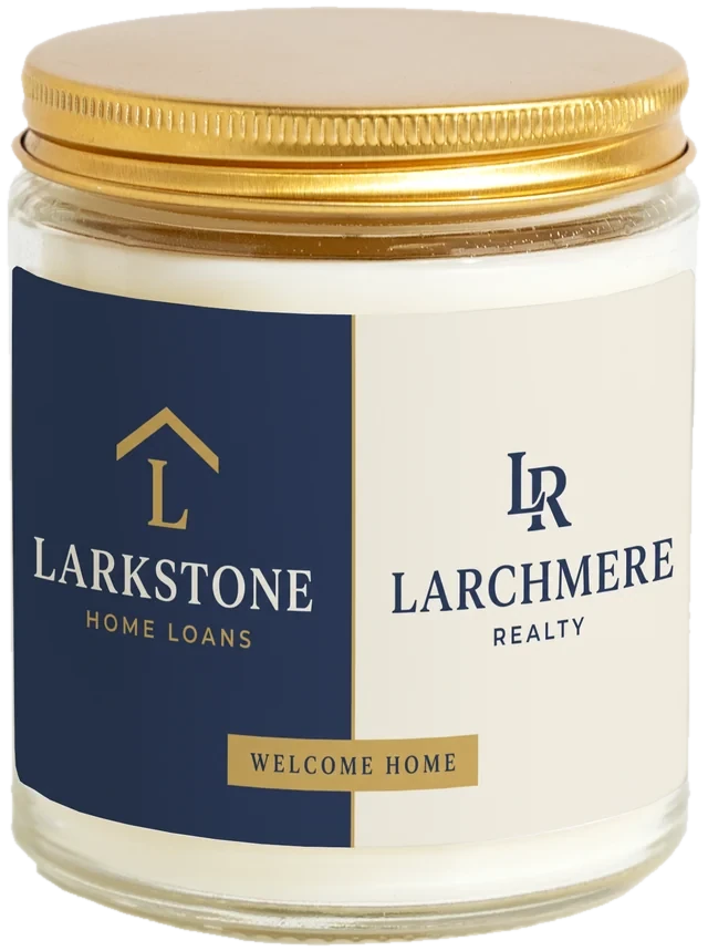 A 9 oz candle jar with a sample Title & escrow closing gifts label