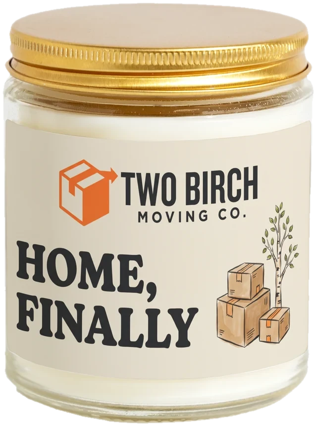 A 9 oz candle jar with a sample Moving company welcome gifts label