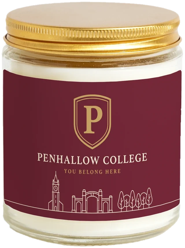 A 9 oz candle jar with a sample Campus orientation gifts label