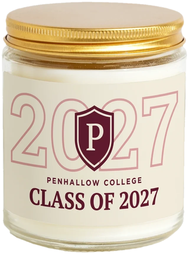 A 9 oz candle jar with a sample Graduation class gifts label