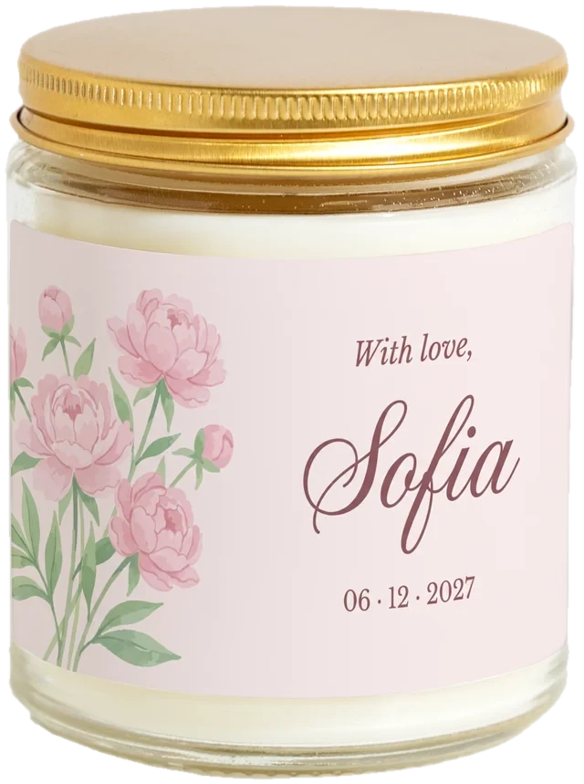 A 9 oz candle jar with a sample Bridal party favors label