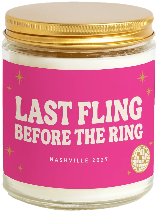 A 9 oz candle jar with a sample Bachelorette party favors label