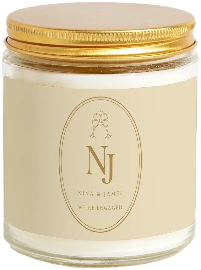 A 9 oz candle jar with a sample Engagement party favors label